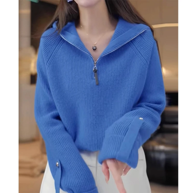 超好看克莱因蓝显白套头连帽针织衫休闲通勤风秋冬保暖毛衣外套女