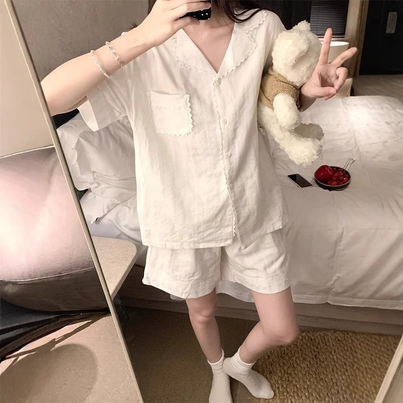 白色睡衣女夏季短袖短裤棉麻爆款2025新款花边蕾丝花边家居服套装