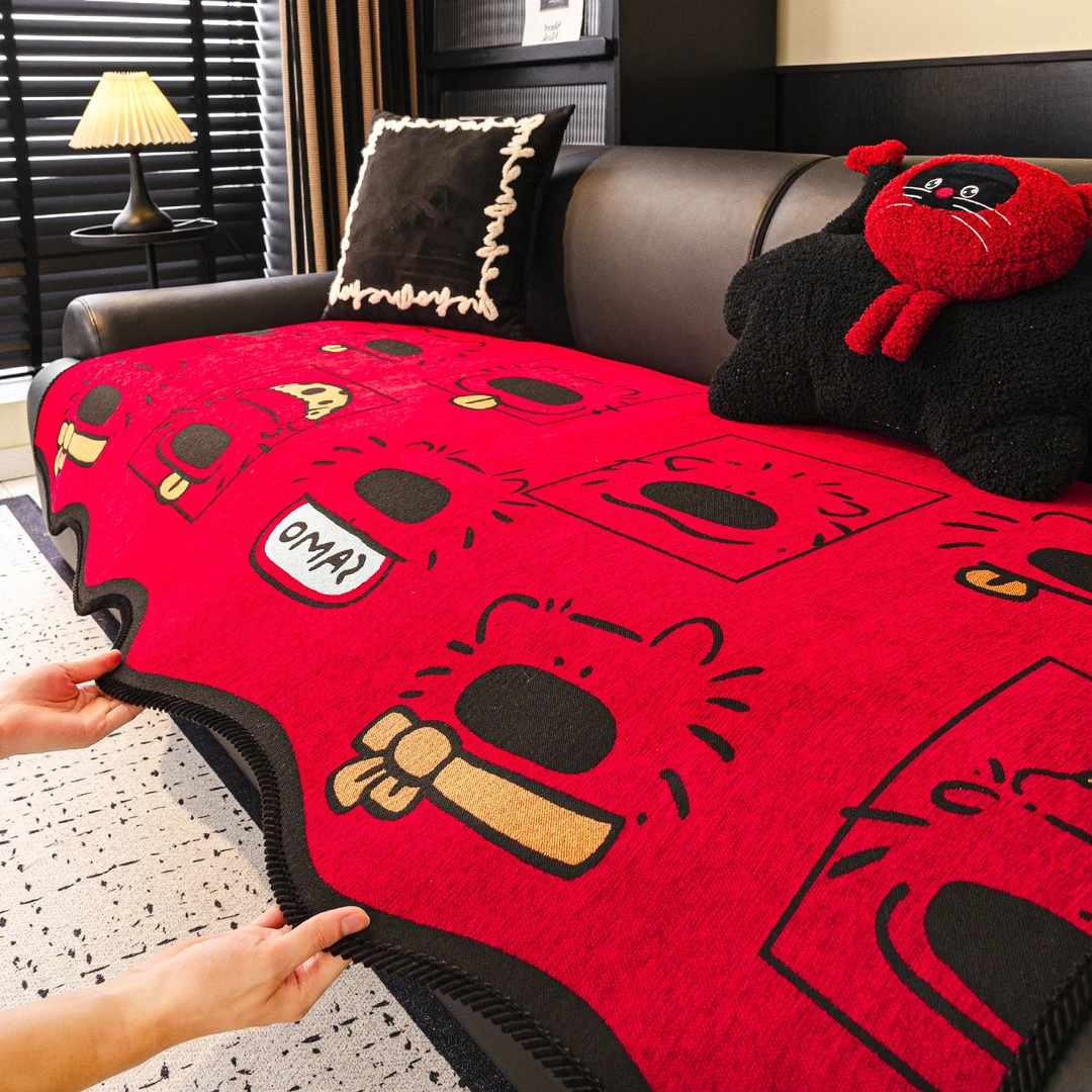 麦颜红色喜庆沙发垫四季通用2025新款过年雪尼尔卡通沙发坐垫防滑