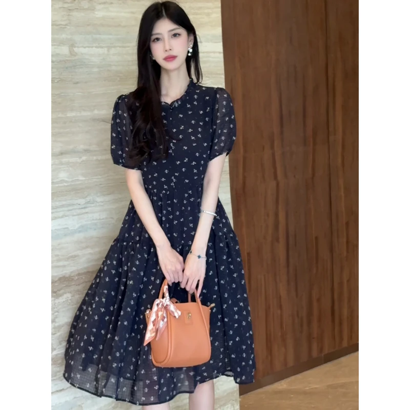8722#法式气质碎花连衣裙女2025夏季新款收腰显瘦中长款a字裙子