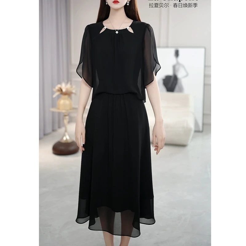 高档连衣裙时尚中长款小黑裙2025年夏季精致减龄气质百搭大码女装