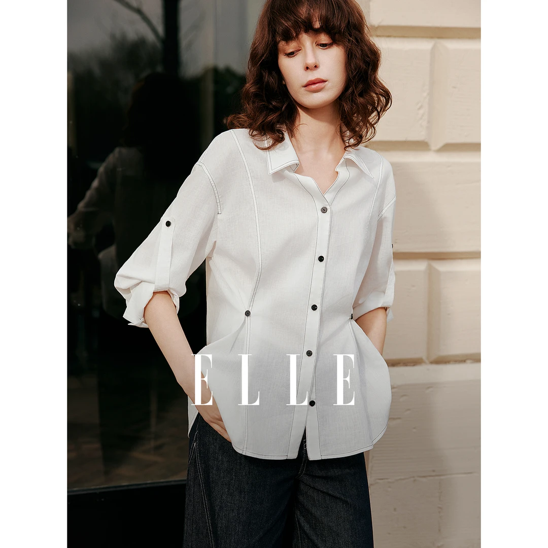 ELLE25春新款法式优雅宽松撞色七分袖衬衫气质女衬衣EC51227