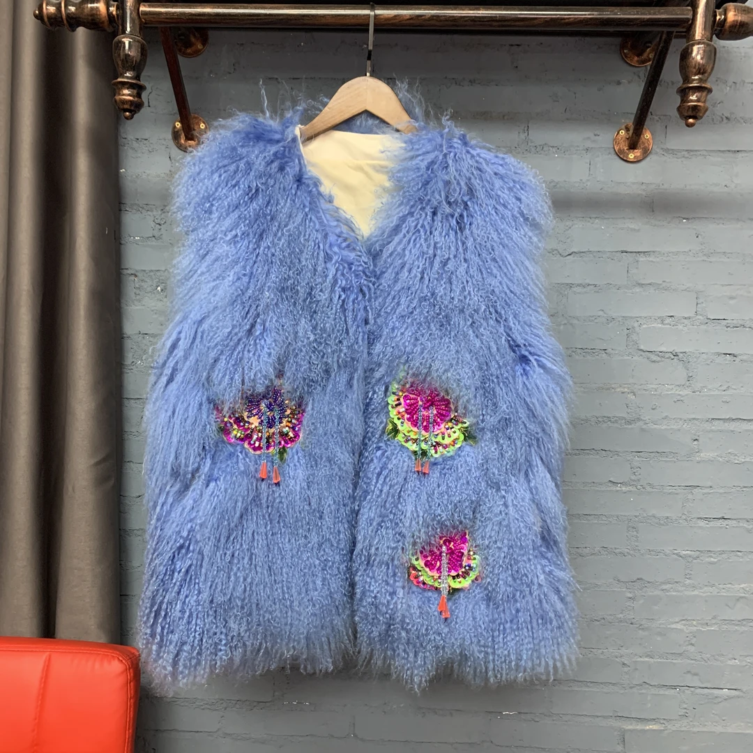 提花绣设计感草草马甲毛毛马甲蓝色玫红色