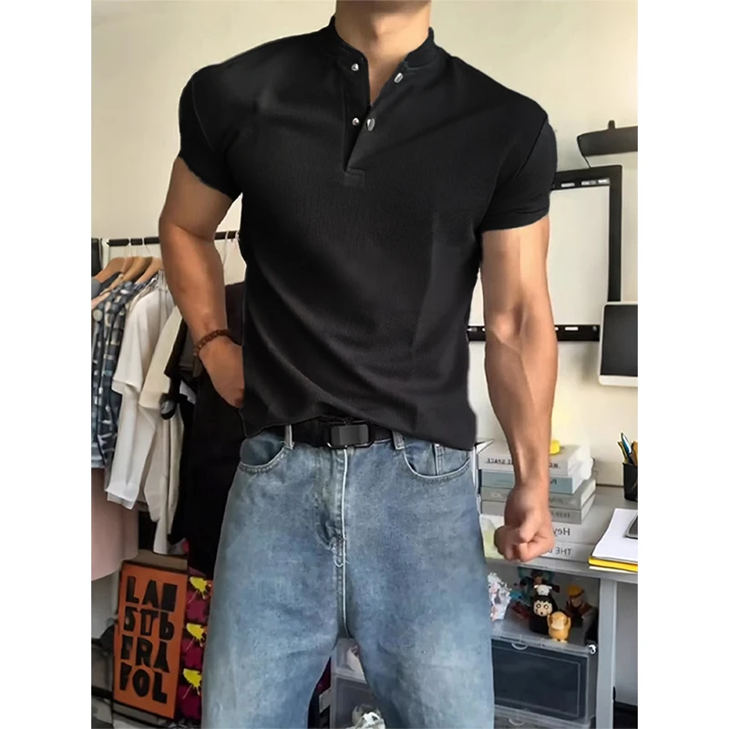 黑色亨利领POLO衫短袖男款夏季美式运动健身正肩t恤显肌肉三分袖