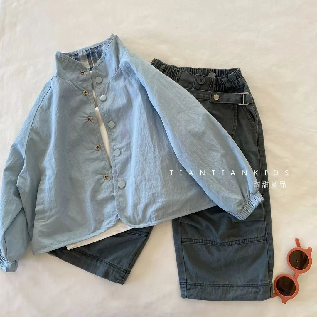 儿童外套2025韩版双面穿外套男童秋款百搭小立领格子上衣女宝风衣