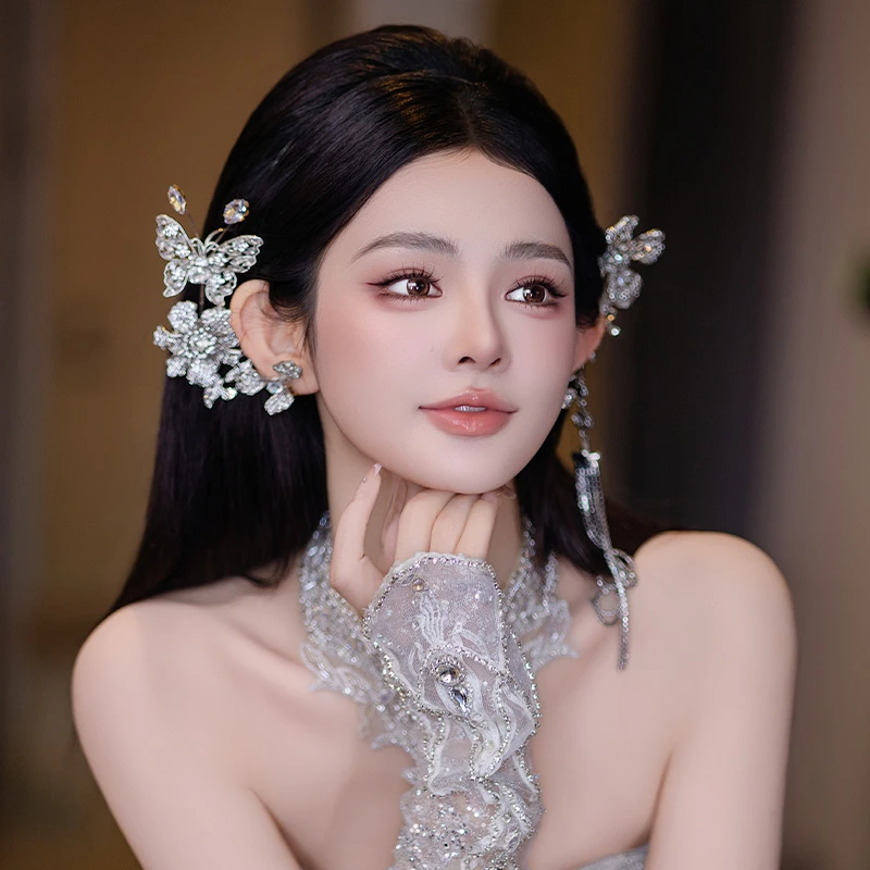 合金婚庆饰品 甜美水钻雪花流苏发箍秋冬耳夹轻奢新娘配饰品MT039