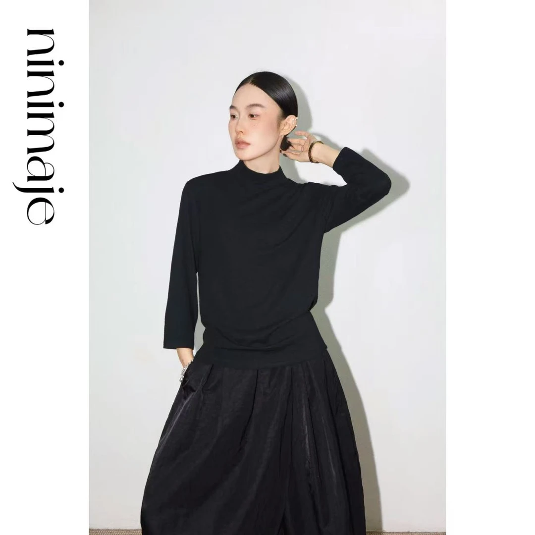 NanBeiBei  极简设计款百搭纯色半高领八分袖修身T 6191