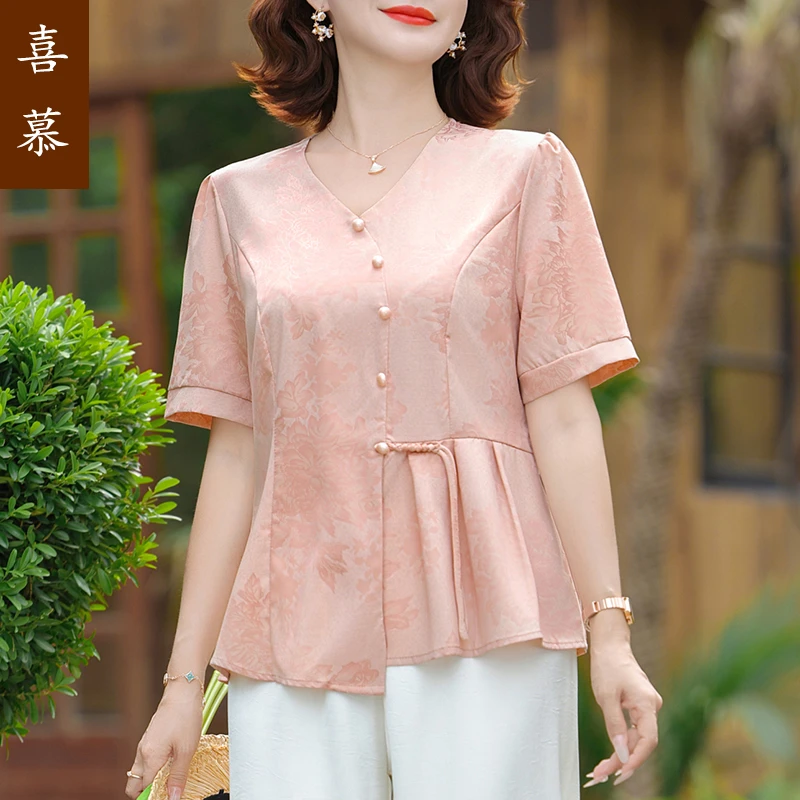 妈妈装夏季新中式洋气小衫2025新款中老年女装夏装短袖上衣服