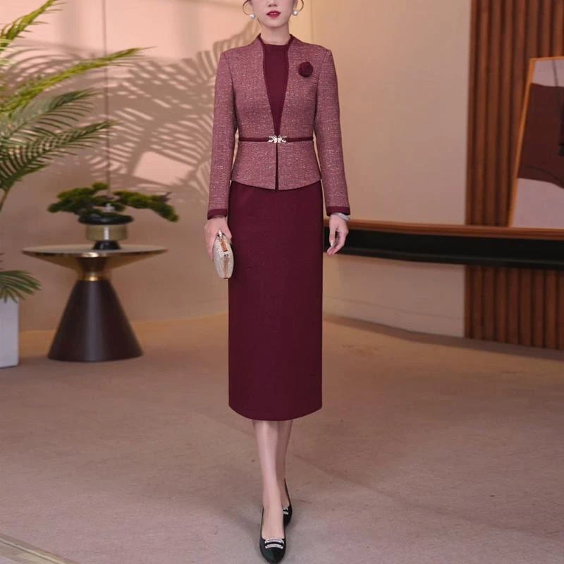 冬季羊毛裙酒红色连衣裙显瘦轻奢优雅气质修身日常一步裙