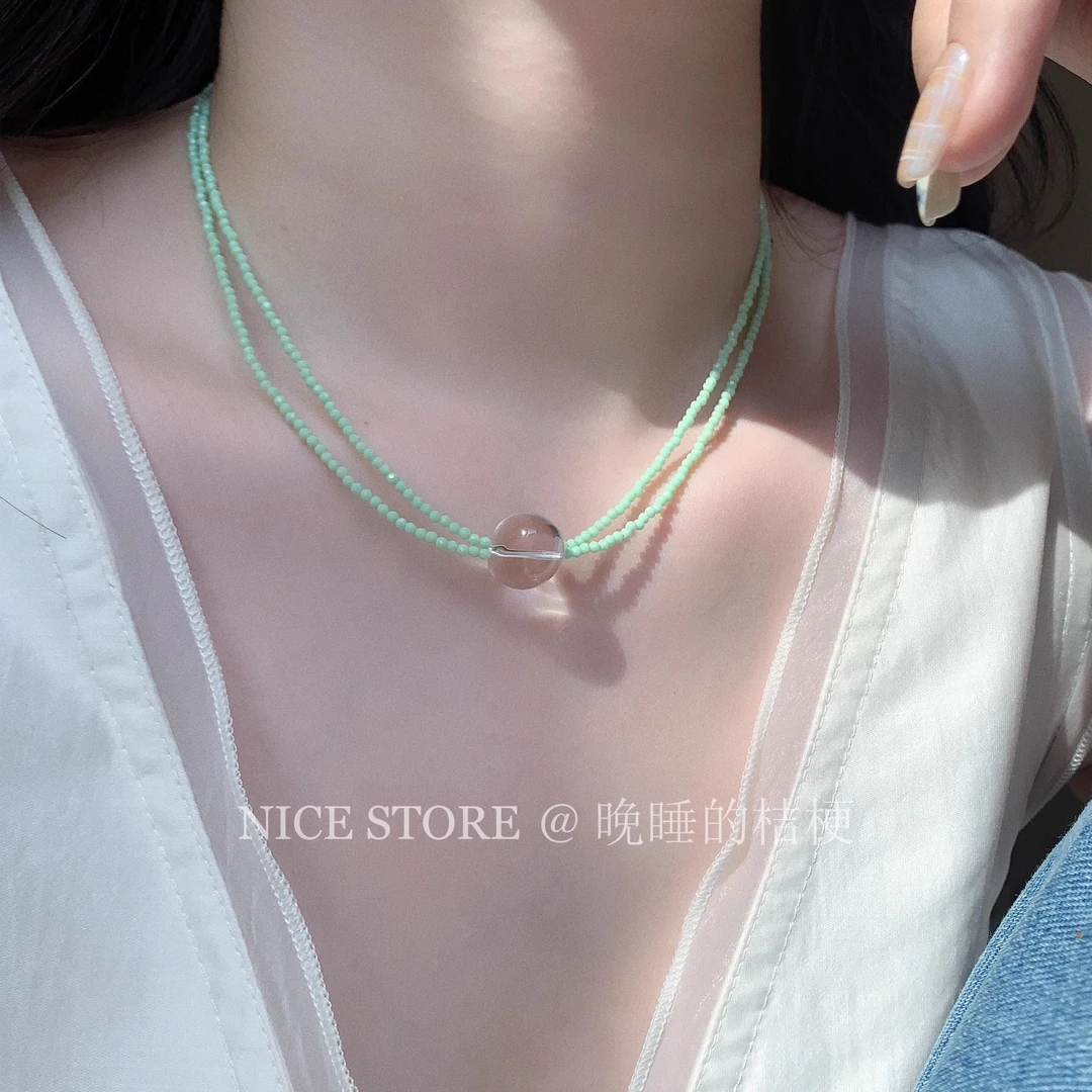 合金项链 晚睡的桔梗「薄荷岛」清新绿色双层串珠项链小众森系小