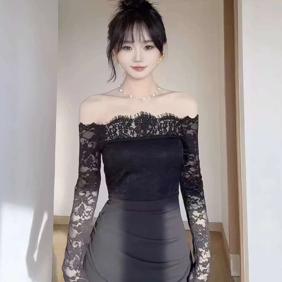复古一字肩蕾丝拼接连衣裙女2025新款性感长袖包臀裙子