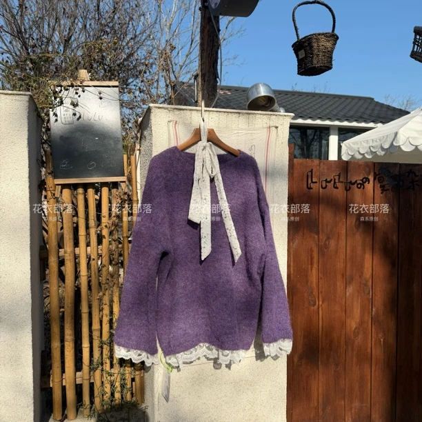 编号D888 花衣部落秋冬厚款紫色蕾丝拼接慵懒风针织毛衣女