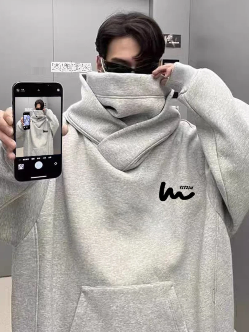 特大码300斤社恐卫衣男士高领宽松百搭秋冬连帽休闲机能风冲锋衣