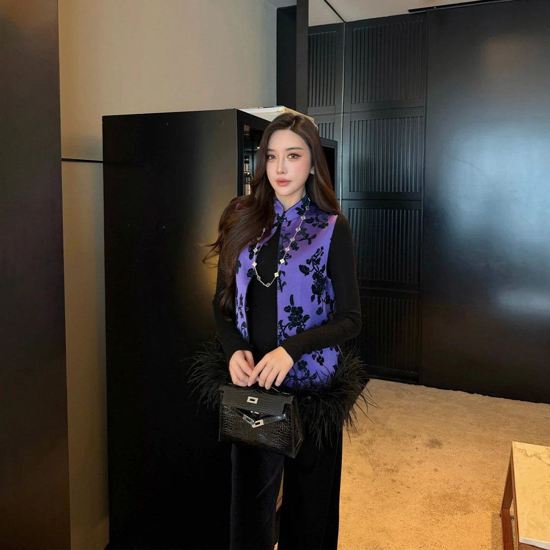 SX善喜紫色提花鸵鸟毛国风马甲女新中式气质坎肩无袖外套背心上衣