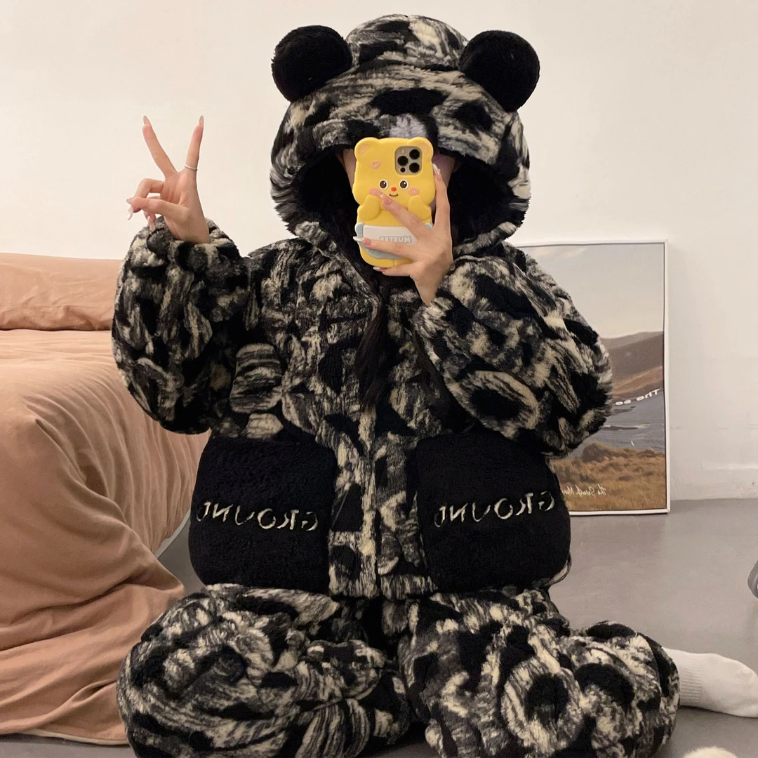 秋冬季新款珊瑚绒夹棉睡衣女加绒加厚冬天保暖连帽家居服套装爆款