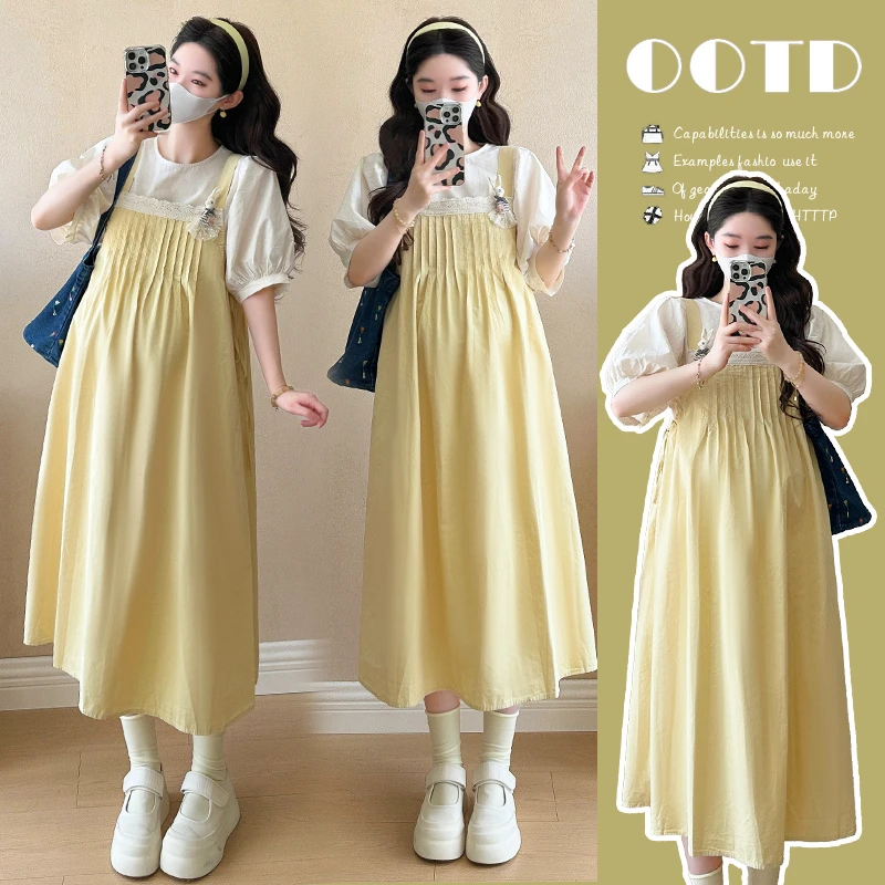 实拍66现货~夏季甜美蕾丝打揽抽绳背带裙+上衣两件套套装送小兔子