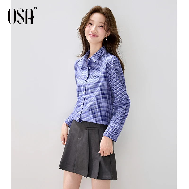 OSA/欧莎 复古U系蓝色格纹衬衫女秋休闲慵懒长袖衬衣S125C12021