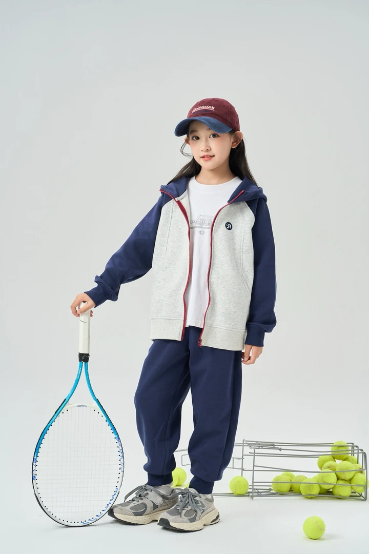 25年秋冬新款儿童连帽时尚拉链百搭套装撞色拼接
