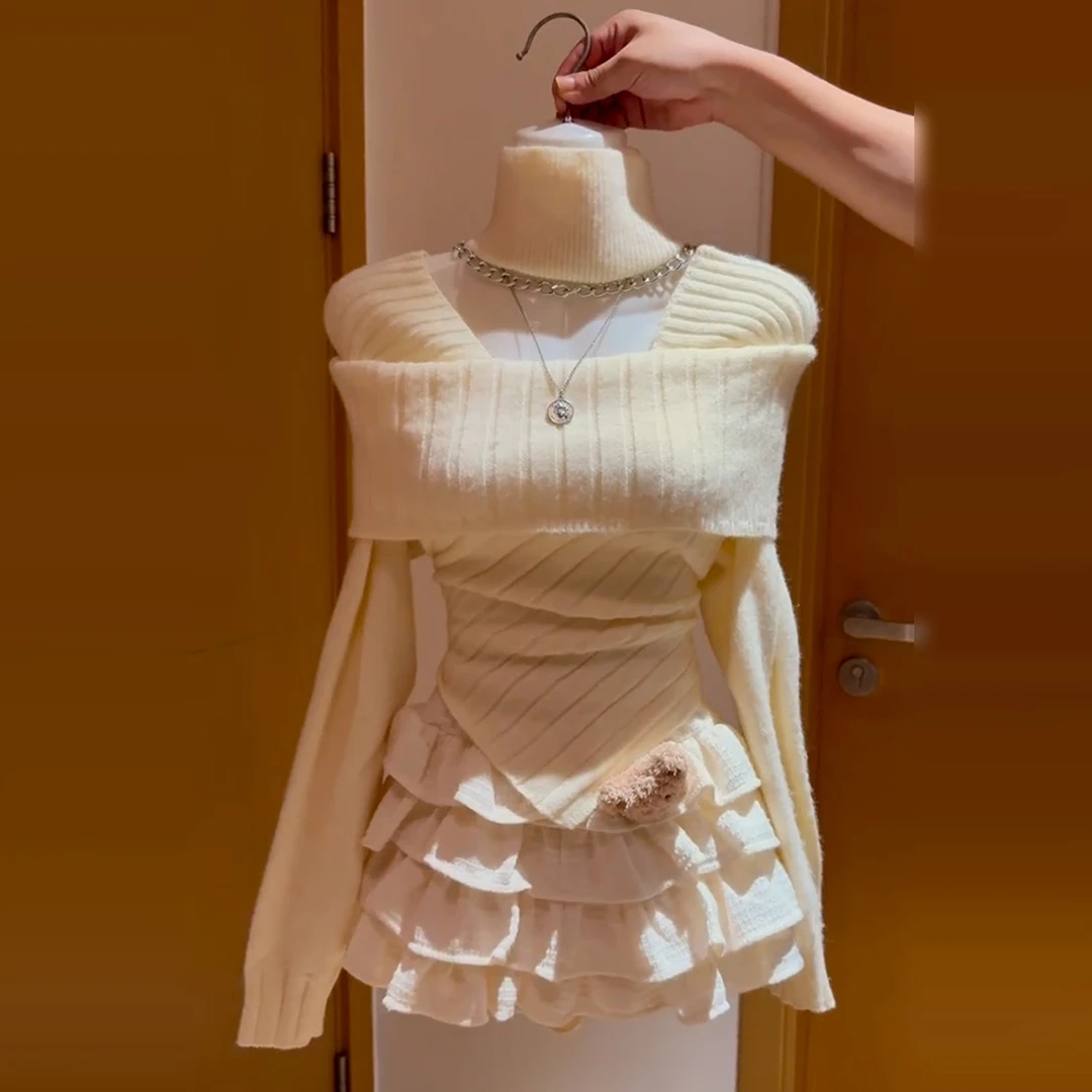 2026新款特别漂亮掐腰毛衣连衣裙子女秋冬季新年穿搭针织套装短裙