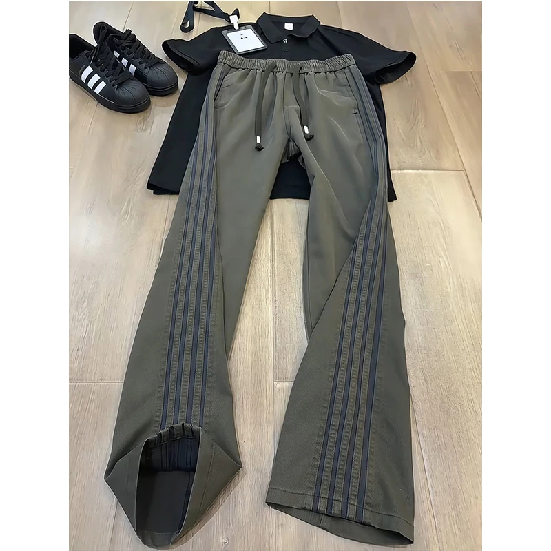 军绿色美式条纹裤子男秋季cleanfit直筒工装裤潮牌痞帅休闲运动裤