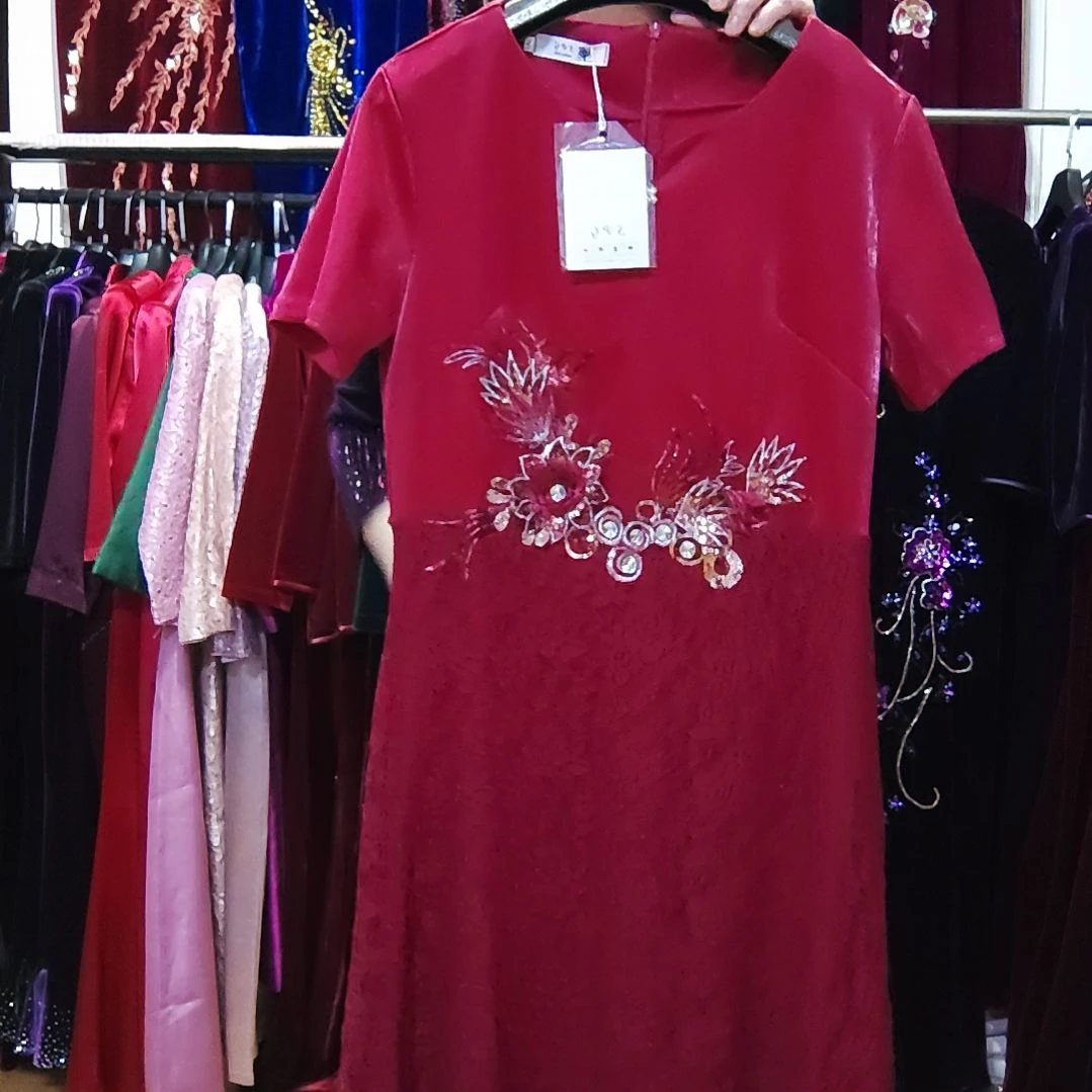 酒红色拼接夏季长款改良旗袍裙2xl100-120内