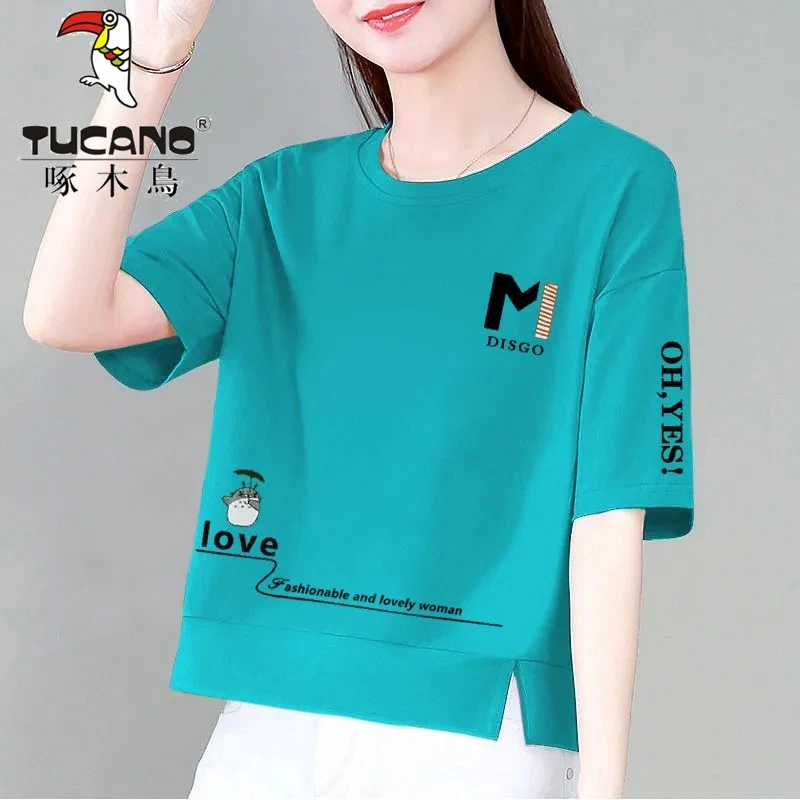 啄木鸟短袖女款爆款2025新款夏季时尚洋气宽松显瘦百搭短袖上衣