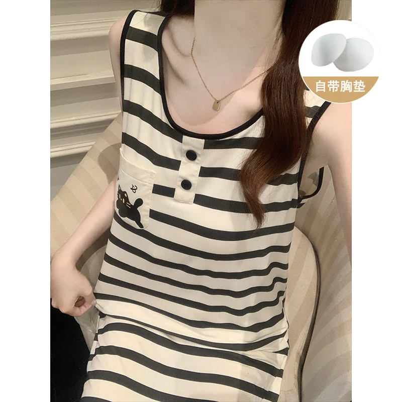 带胸垫韩版夏季条纹卡通无袖背心睡裙女莫代尔薄款休闲睡衣家居服