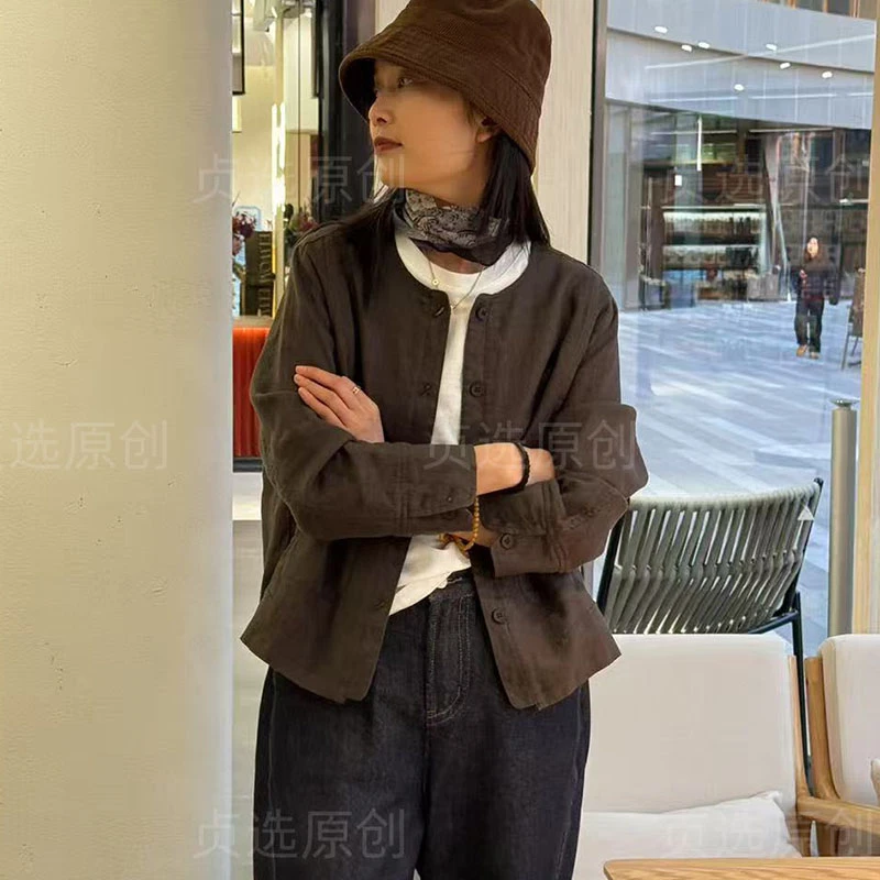 D133-春季圆领亚麻衬衫新款宽松休闲百搭时尚短款上衣
