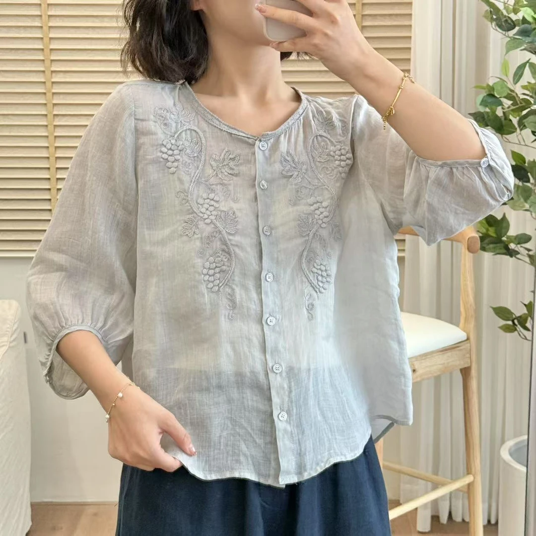 常樂家2025夏季新款圆领刺绣单排扣薄款纯苎麻小衫921