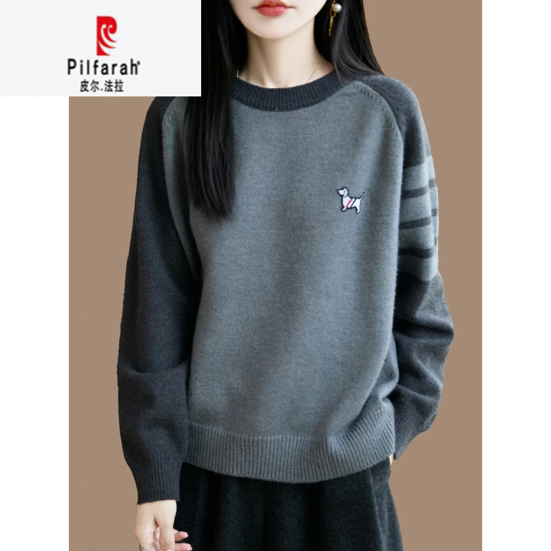 皮尔.法拉韩式撞色圆领套头毛衣女秋冬宽松大码针织上衣小狗