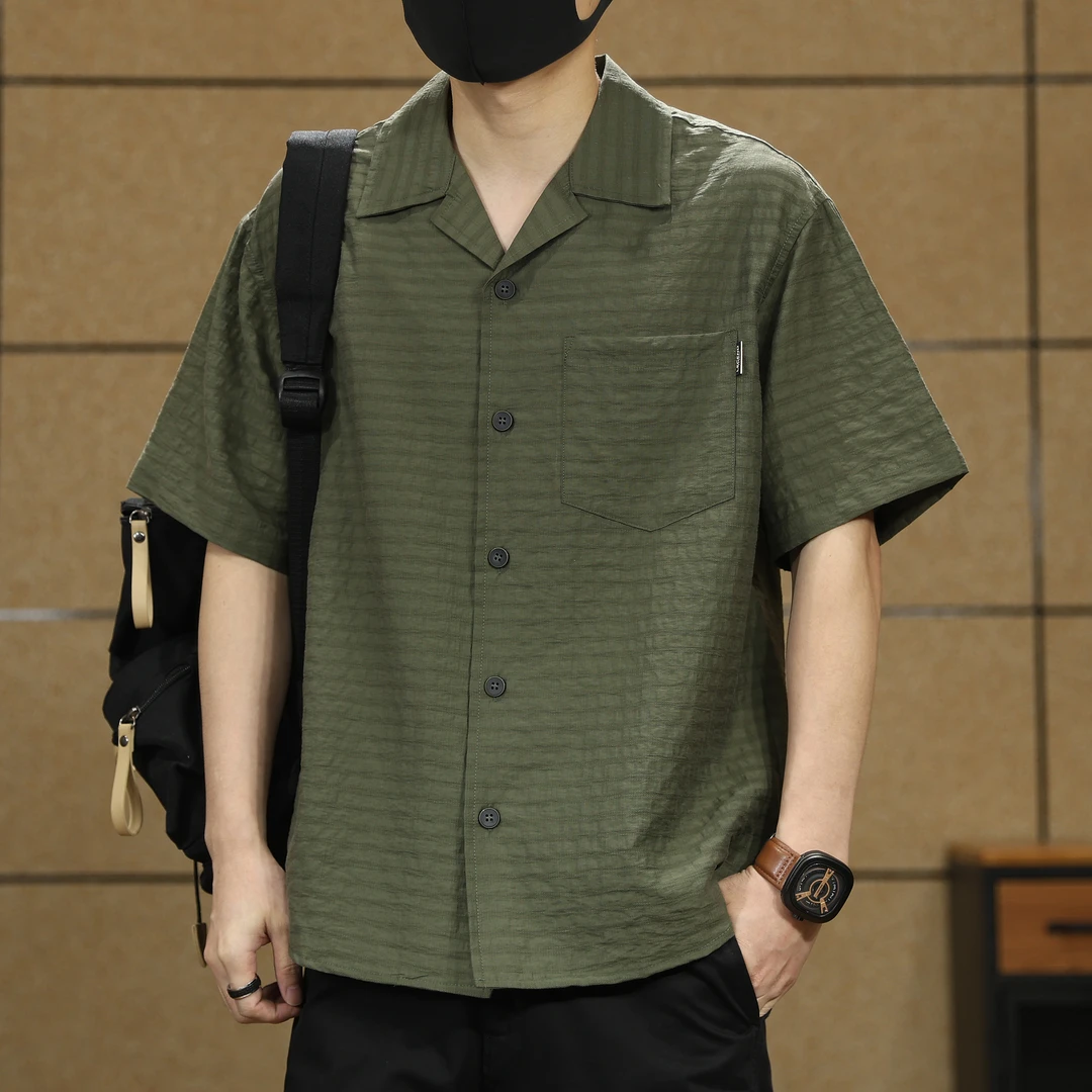 莱赛尔天丝古巴领短袖衬衫男夏季薄款潮流条纹提花衬衣男外套新款