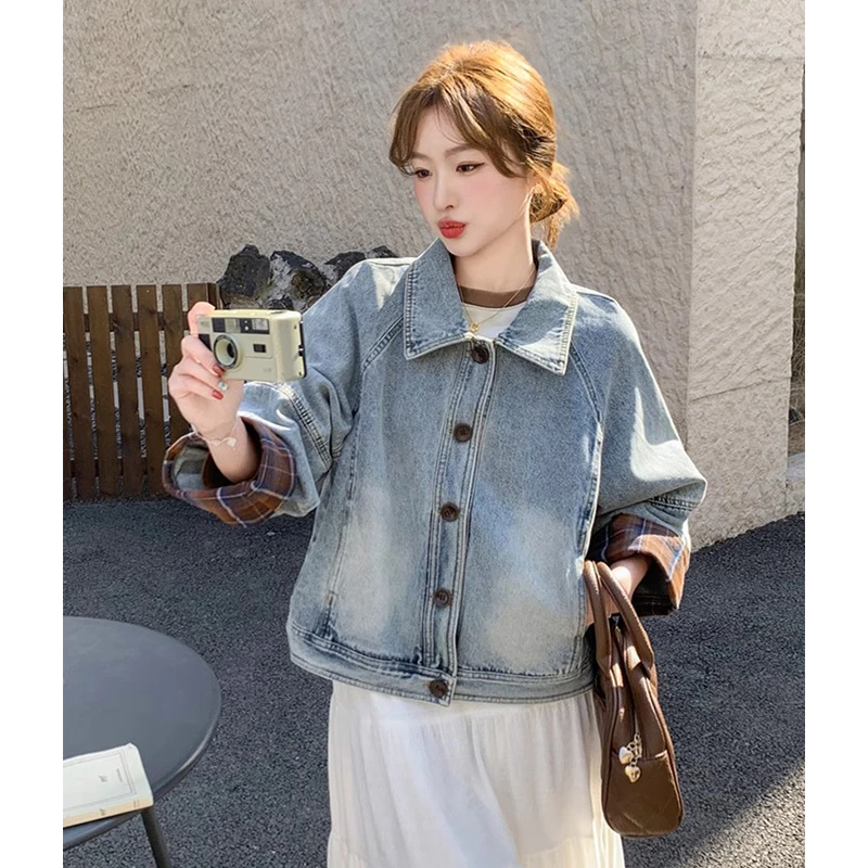 格子拼接牛仔外套女春季2025新款韩系流行高级感短款上衣小个子