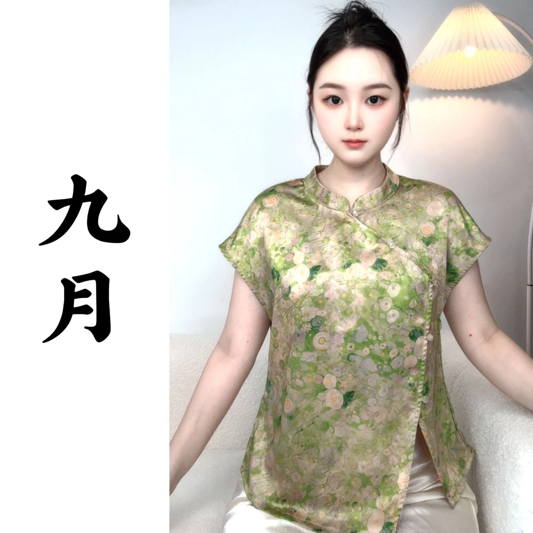 【616无忧度】小飞袖新中式衬衫复古刺绣圆领上衣提花印花女装现货