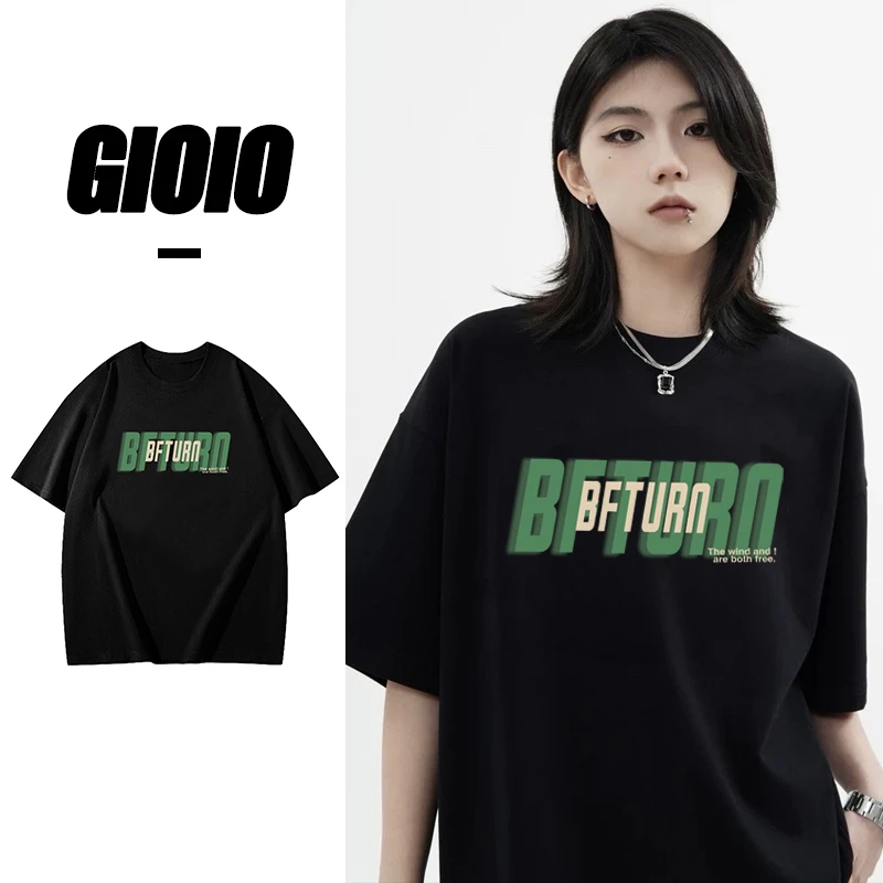 GIOIO240克重磅潮牌绿色字母款t恤男女同款夏季白色宽松纯棉短袖