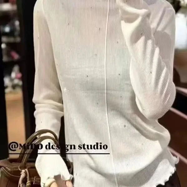 秋冬新款木耳边立领烫钻针织衫女柔软亲肤百搭内搭打底上衣