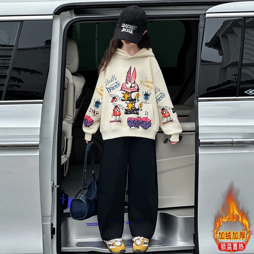 女童套装森系韩版潮酷加绒秋冬卫衣洋气蓄热印花连帽涂鸦两件套