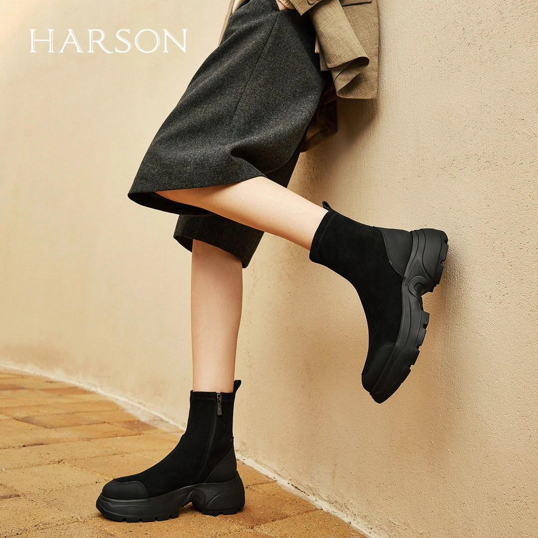 Harson/哈森秋冬英伦风休闲复古时装靴百搭通勤靴子女靴HWA250140