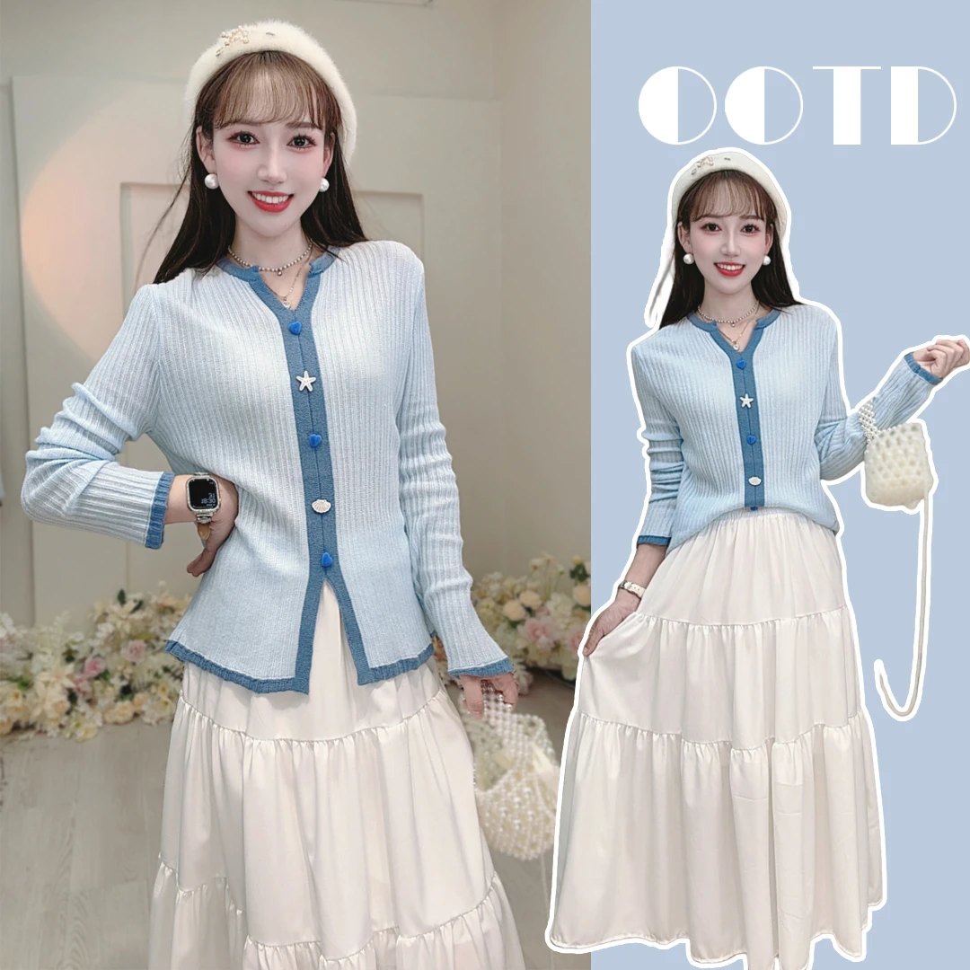【两件套】A160秋季甜美气质拼色针织开衫上衣+白色蛋糕裙套装