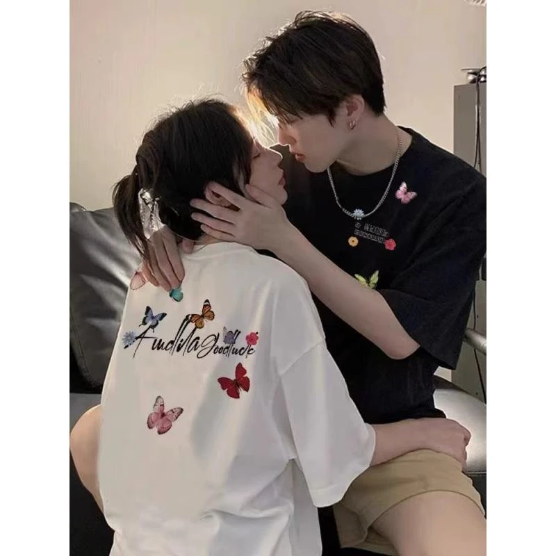 美式高街花卉印花短袖t恤男夏季宽松设计感小众情侣装蝴蝶结上衣