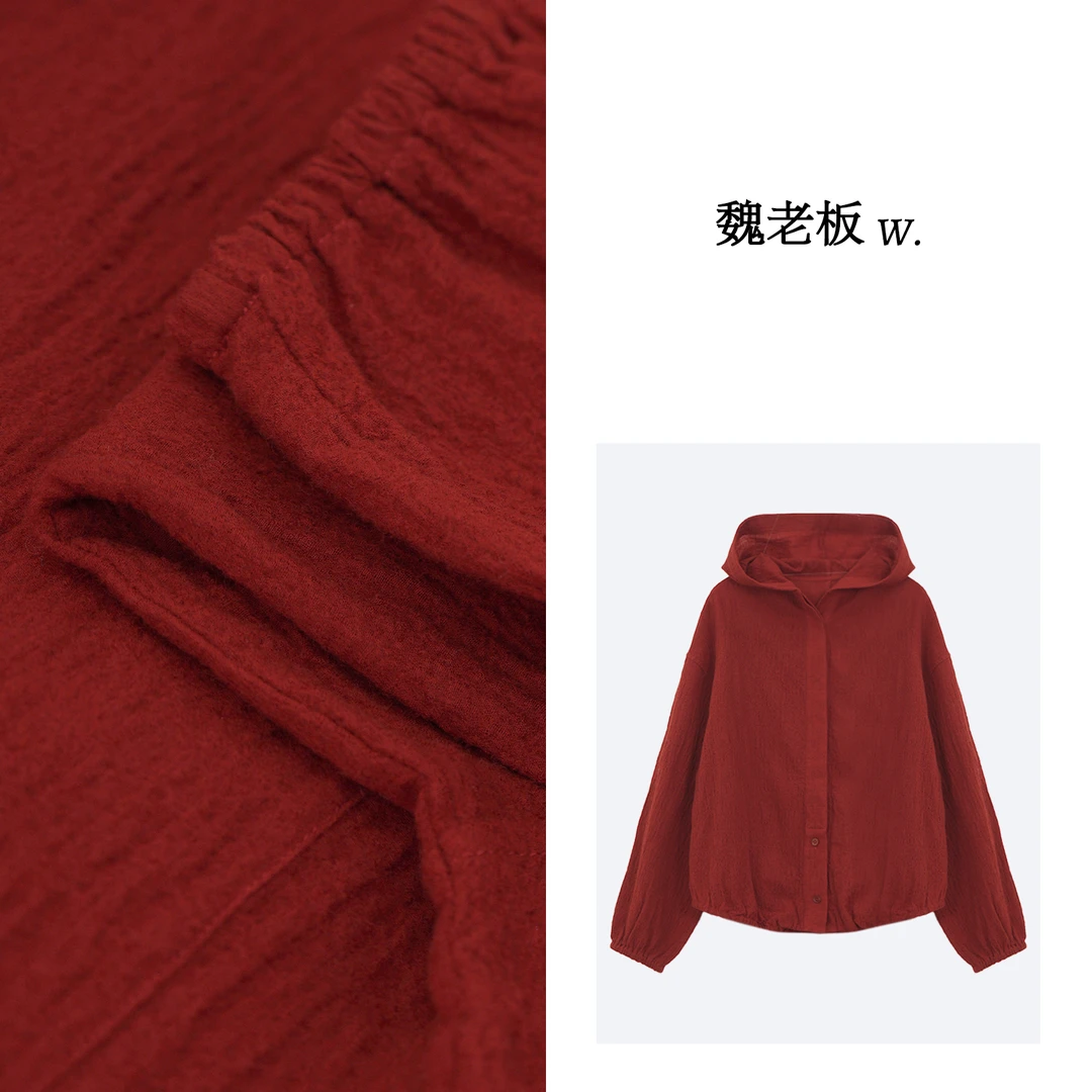 W.Diva【霓虹】春季红色oversize极简风羊毛带帽衬衫外套51C091416