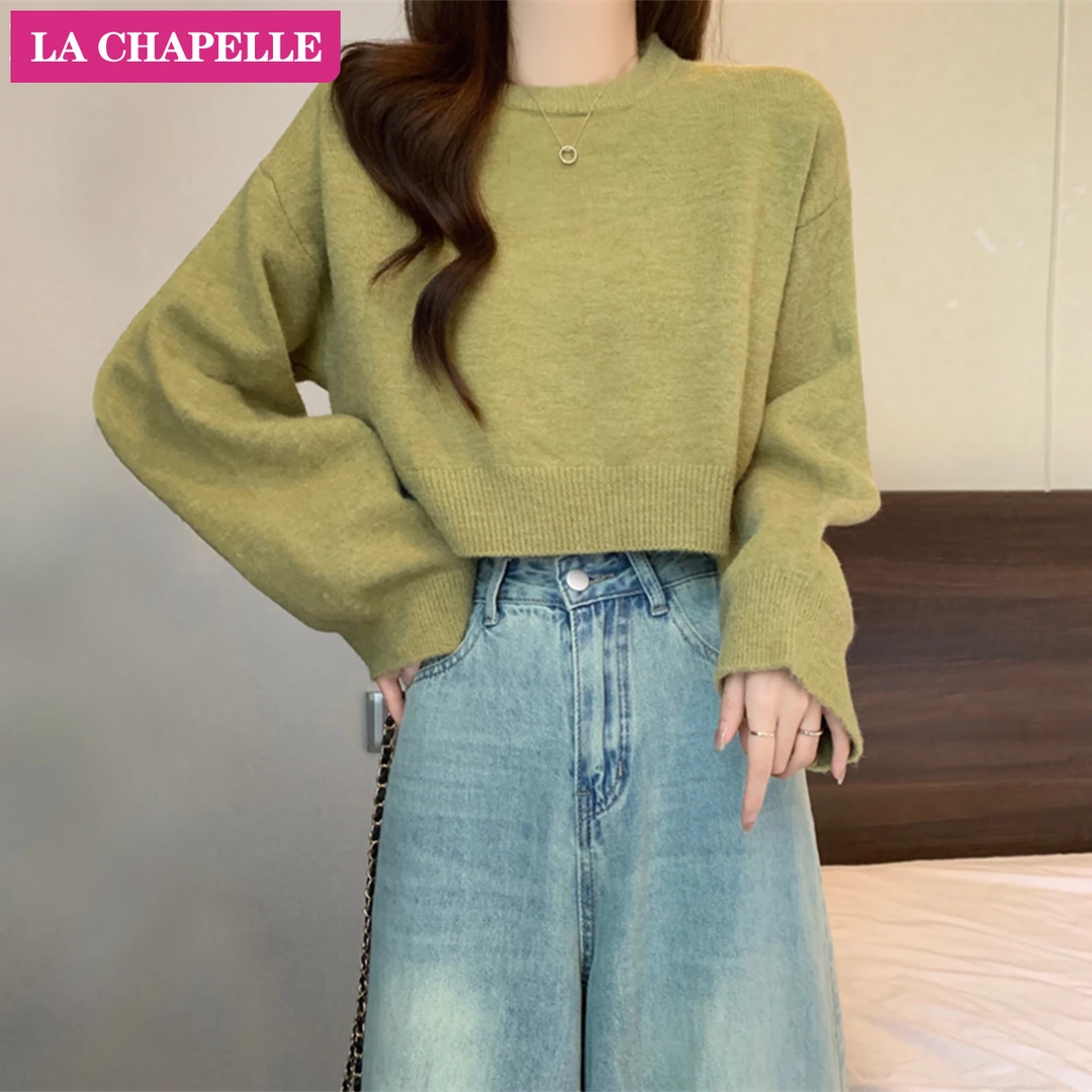 拉夏贝尔简约纯色短款圆领毛衣女秋多巴胺洋气显高显瘦小个子上衣