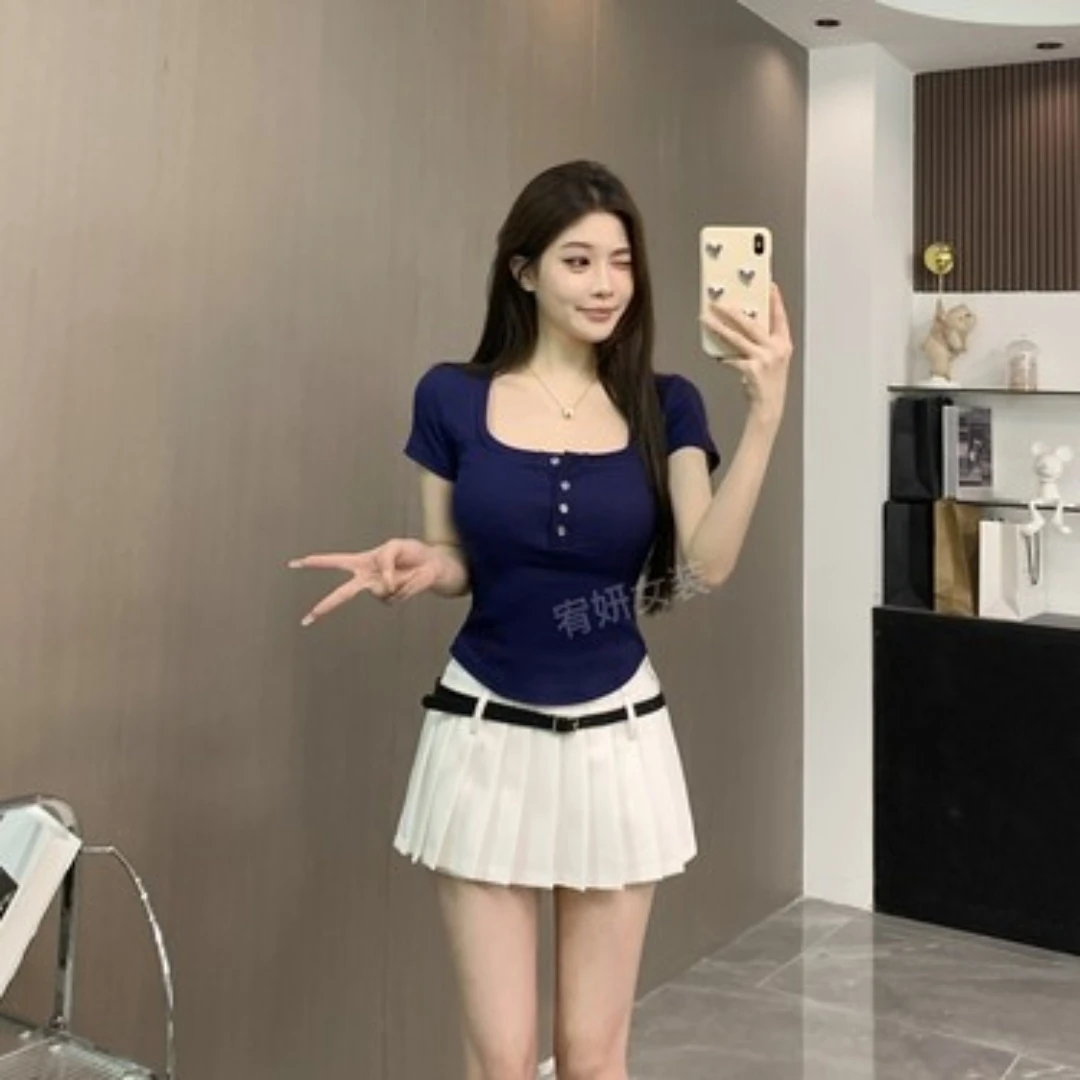 夏日纯欲方领纽扣T恤百搭实穿修身显瘦上衣9346