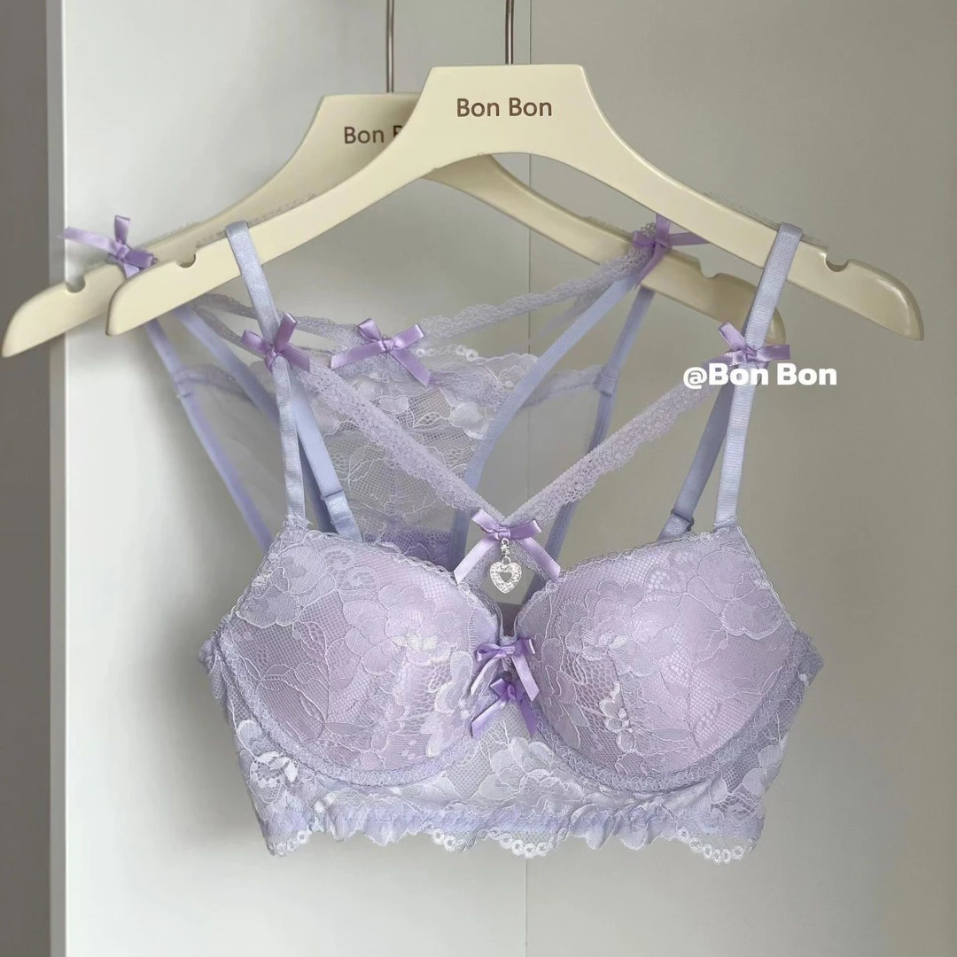 内搭小心机!纯欲蝴蝶结内衣女小胸聚拢显大蕾丝交叉吊坠文胸套装