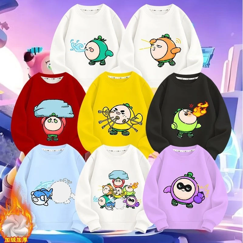 新款童装加绒卫衣葫芦娃联名蛋仔印花衣服圆领男女儿童长袖上衣