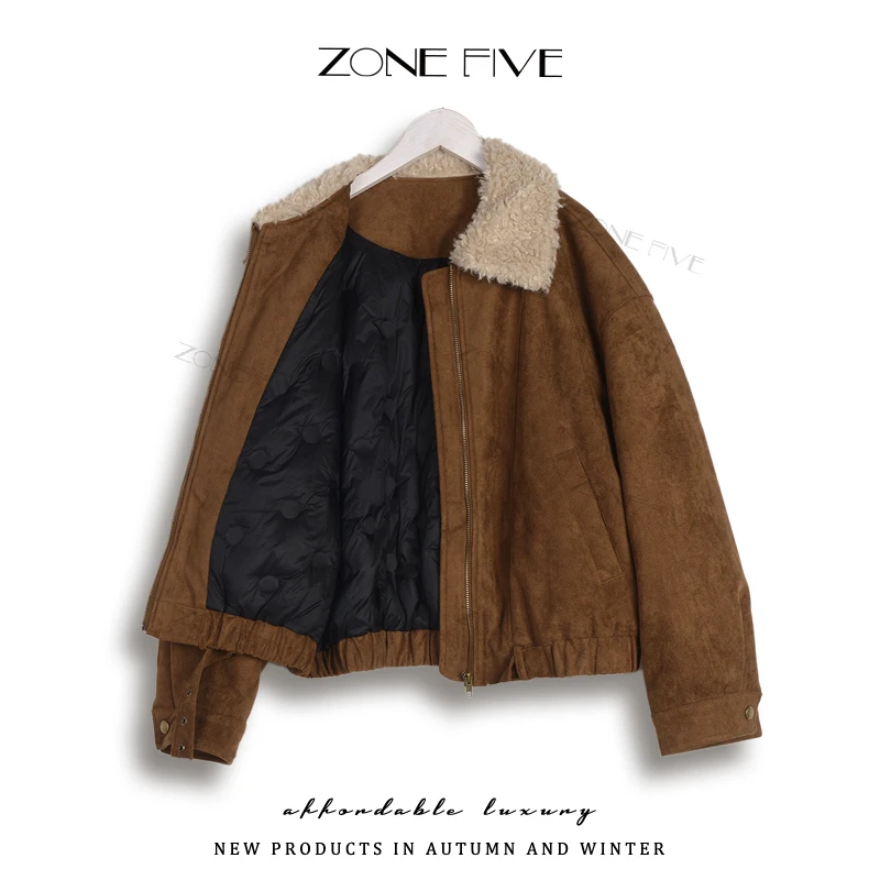 鹿皮绒90白鸭绒羽绒服女2025冬季新款毛毛翻领保暖外套ZG522