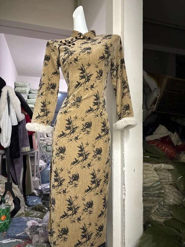 844-棕色竹子旗袍