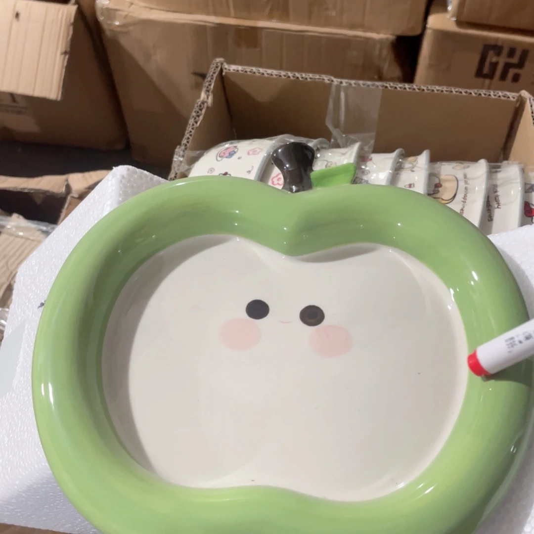 微瑕陶瓷餐绿色苹果盘一个装