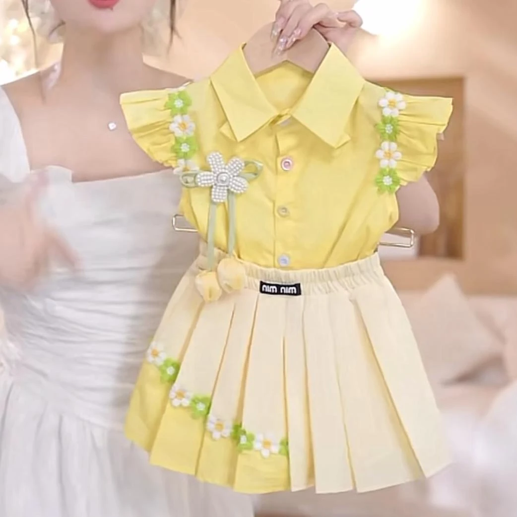 女童飞袖衬衫百褶裙套装夏季2025新款学院风立体花朵短袖甜美短裙