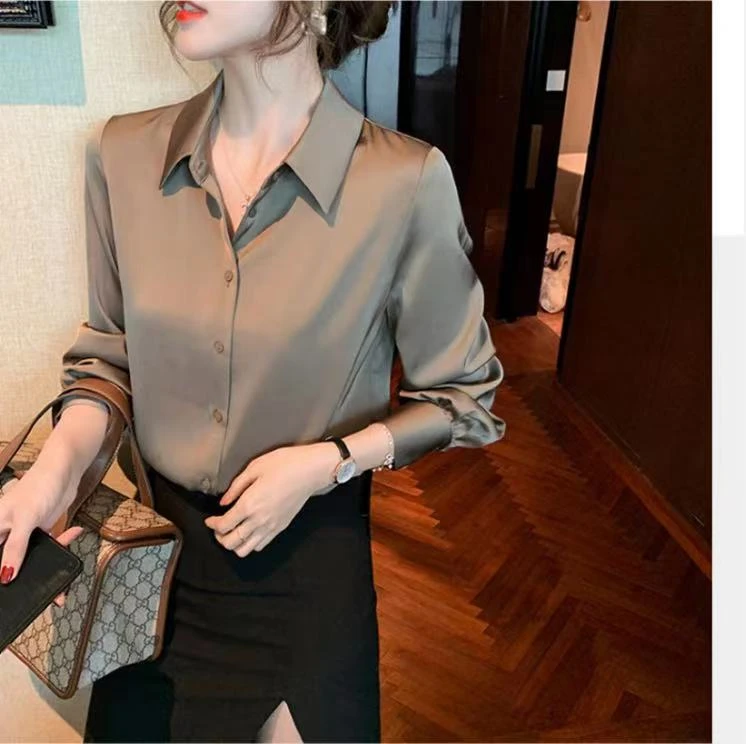 2025春秋新款高级感衬衫女时尚长袖纯色缎面百搭宽松职业气质衬衣