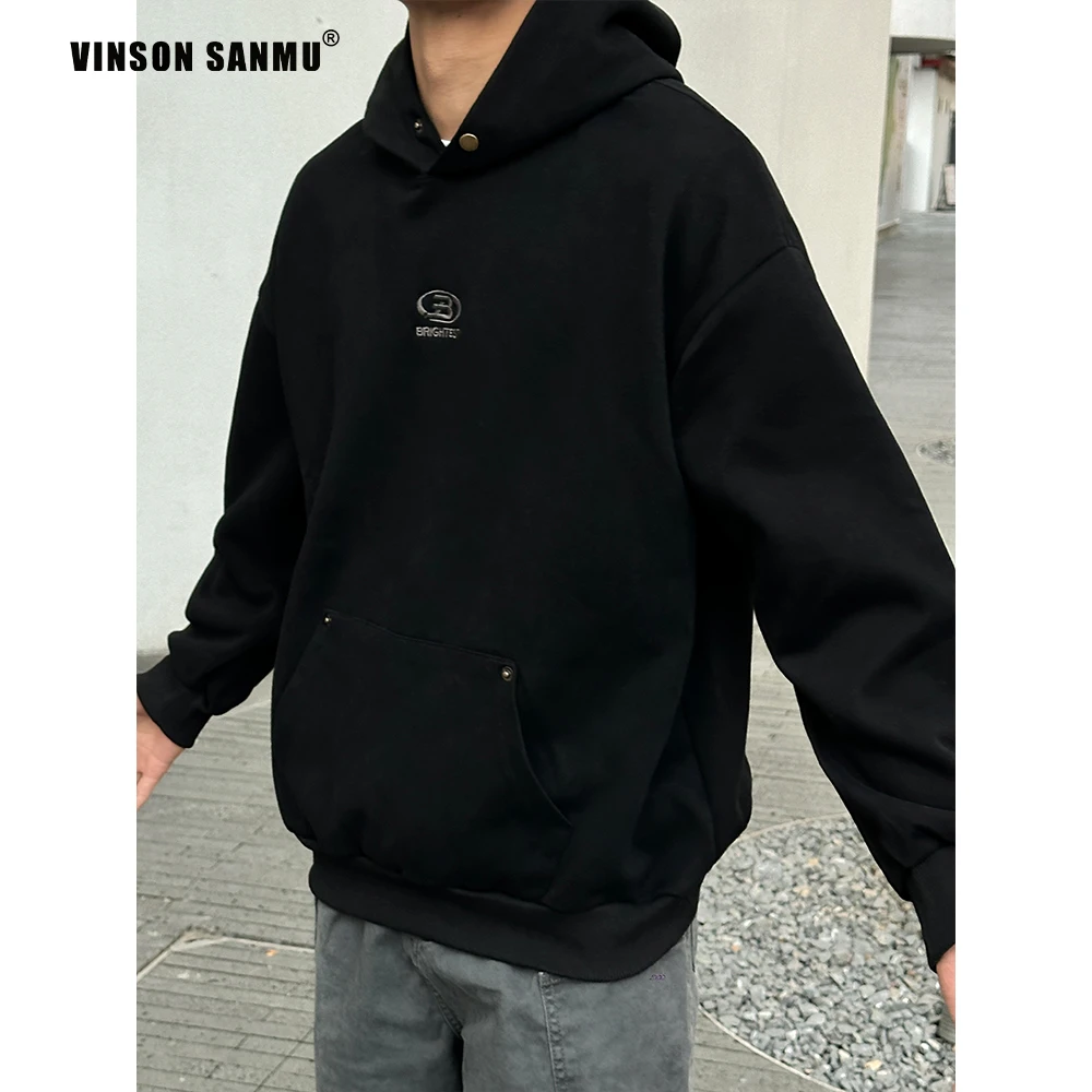 VINSON叁木 重磅美式400g连帽卫衣字母刺绣复古宽松男女同款上衣